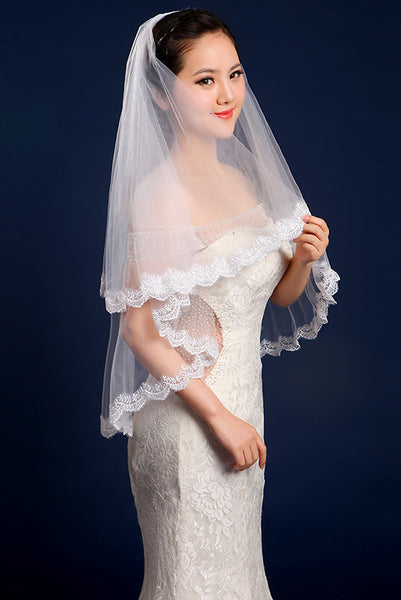 Simple Two Layered Tulle Elbow Wedding Veil with Lace Edge