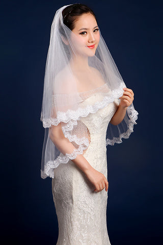 Simple Two Layered Tulle Elbow Wedding Veil with Lace Edge