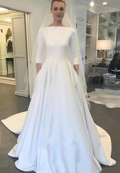 Modest Satin A-line 3/4 Sleeve Wedding Dress with Full Covered Back