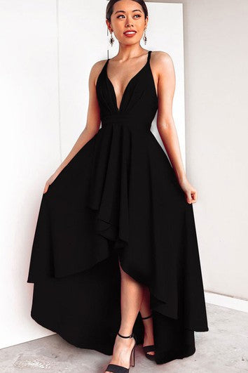 High-Low Sexy A Line Plunging Neck Evening Dress