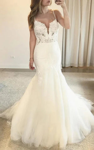 Mermaid Spaghetti Notched Tulle Deep-v Neck Wedding Dress