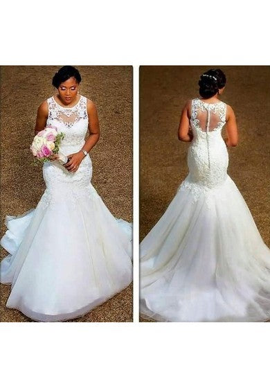 Elegant Sheer Neck Appliques Lace Plus Size Illusion Back Mermaid Wedding Dress