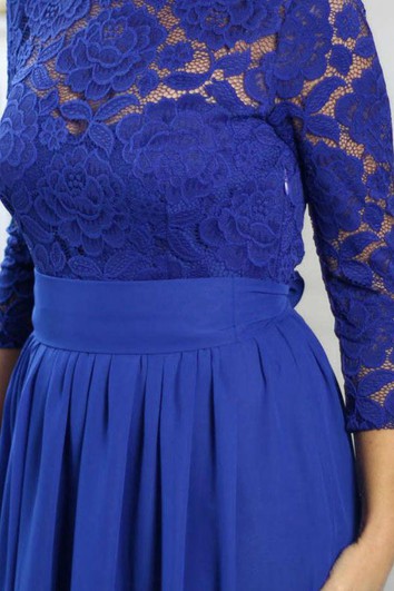 Bateau Lace 3-4 Sleeve A-line Pleated Chiffon Long Dress