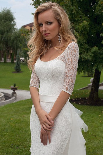 Sheath Scoop Neck Bowed Half Sleeve Lace Wedding Dress