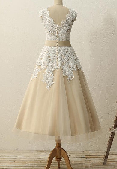 Tea-Length V-neck Zipper Tulle Lace Dress