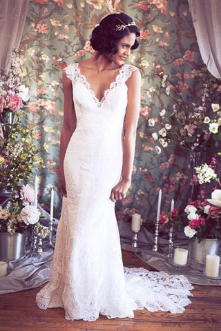 Mermaid Lace V-Neck Cap Sleeve Gown With Illusion Back