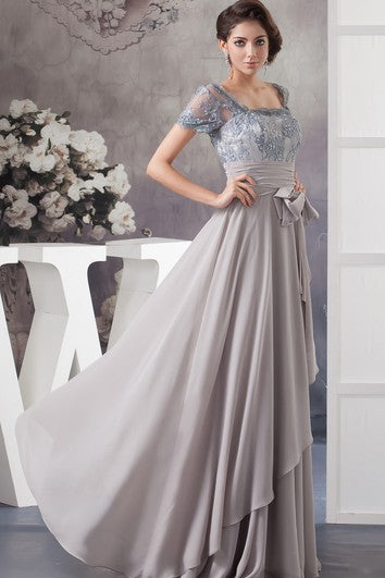 Chiffon Pleated Illusion Caped Sleeve and Gown With Bow