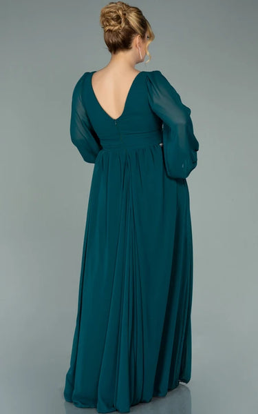 Chiffon V-neck Long Sleeve Front Split Pleated Evning Plus Size Dress