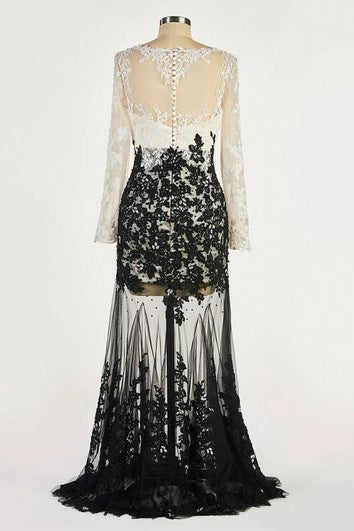 Dlouhé šaty mořská panna Two Tune Sexy s korálkovanou iluzí a aplikacemi na rukávech