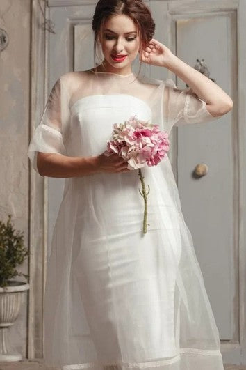 Modern A Line Organza Tea-length Half Sleeve Button Wedding Dress