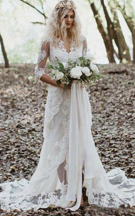 Vestido de novia de campo de encaje de manga larga de manga en V