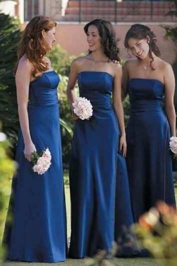 A-line Strapless Ruffles Sleeveless Floor-length Satin Bridesmaid Dresses