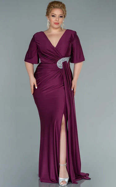 Charming V-neck Half-sleeve Sheath Mermaid Ruched Front Split Plus Size Evning Dress