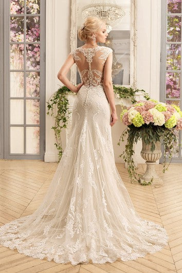 Sheath Floor-Length Scoop Cap-Sleeve Illusion Lace Dress With Appliques