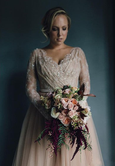 Plus Size Sexy Champagne/Blush Country Long Sleeve V Neck Ethereal Tulle Lace Wedding Dress