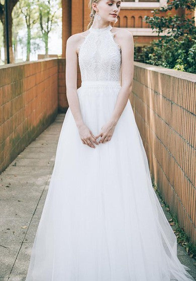 Lace Tulle Floor-length A Line Sleeveless Elegant Ethereal Wedding Dress