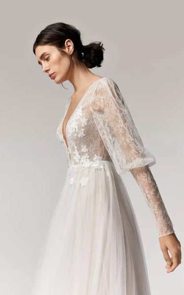 Plunged Neck Illusion Puff Long Sleeve Tulle A-line Wedding Dress with Sweep Train