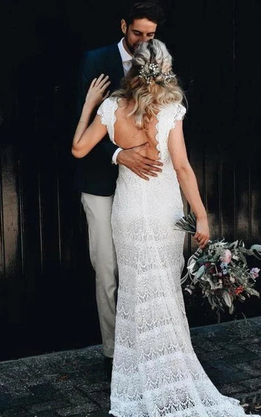 Lace Cap-sleeve Sheath Simple Hippie Deep-v Back Wedding Dress