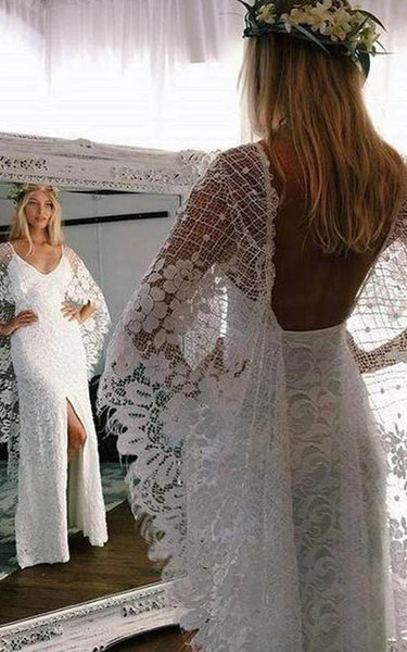 Boho Long Poet Sleeve Lace Front Split Sheath Spaghetti Wedding Dress