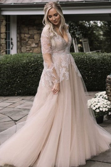 Elegant A Line Lace Floor-length Train Long Sleeve Wedding Dress with Appliques