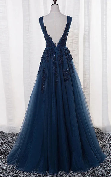 Dark Navy Empire Sleeveless Pleated A-line Floor-length Tulle Prom | Bridesmaid Dress