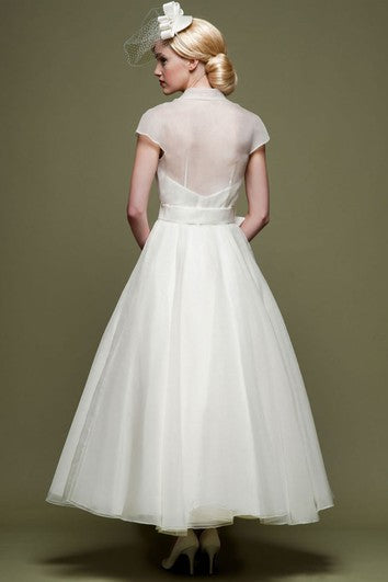 Ankle-Length A-Line Ribboned V-Neck Cap Sleeve Tulle Wedding Dress