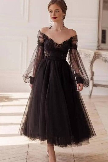 Romantic Ankle-length Long Sleeve Tulle A Line Evening Dress with Appliques