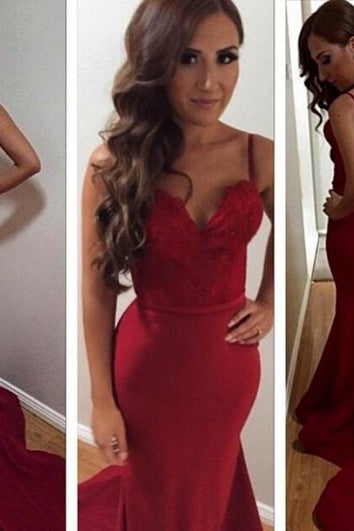 Beautiful Spaghetti Straps Prom Dresses Mermaid Evening Gown Lace Appliques