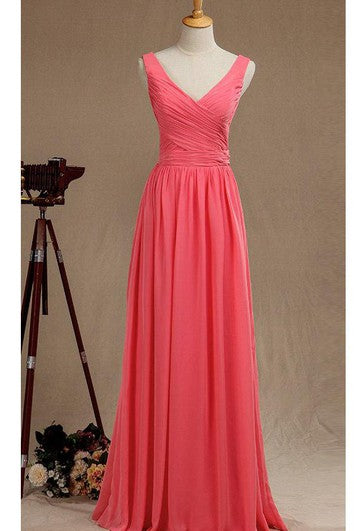 V Neck A-line Pleated Chiffon Floor Length Dress V Back