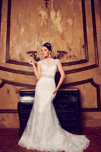 Mermaid Floor-Length V-Neck Cap-Sleeve Illusion Lace Dress With Appliques And Waist Jewellery