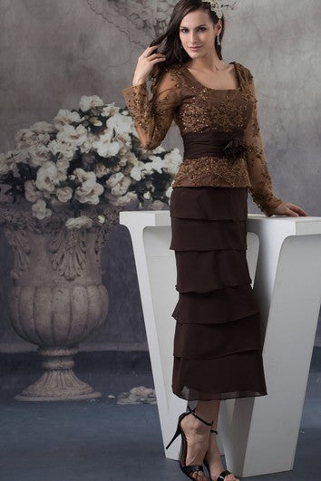 Classic Long-Sleeve Ankle-Length Square-Neck Appliques and Dress With Tiers