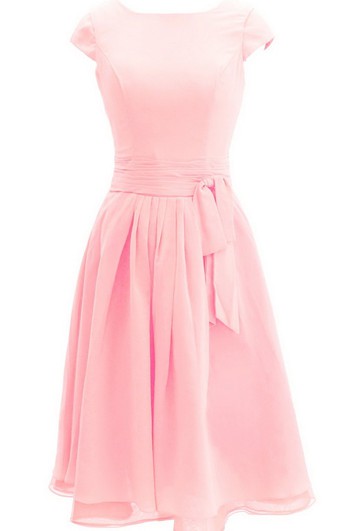 Cap-sleeved Knee-length Chiffon Dress With Ribbon