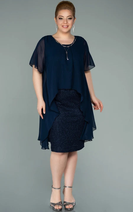 U-Ausschnitt Halbarm Chiffon Pailletten Übergröße Kleid für die Brautmutter