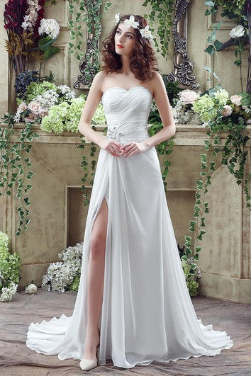 Sexy Front Split White Wedding Dress Beadings Sweetheart Sleeveless