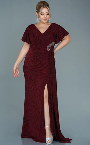 Poet-sleeve V-neck Sequin Ruched Slit Front Plus Size Evning Dress