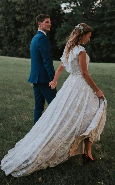 Boho Cap pizzo country abito da sposa con guaina bassa vosca