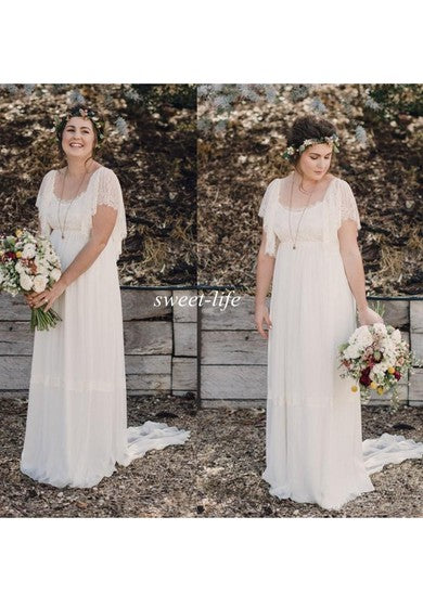 Bohemian Plus Size Lace Short Sleeves Scoop Open Back Wedding Dress