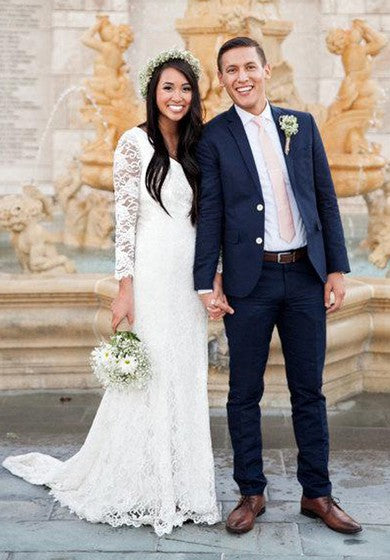 Vestido de novia de encaje de satén con cuello chillón con cremallera