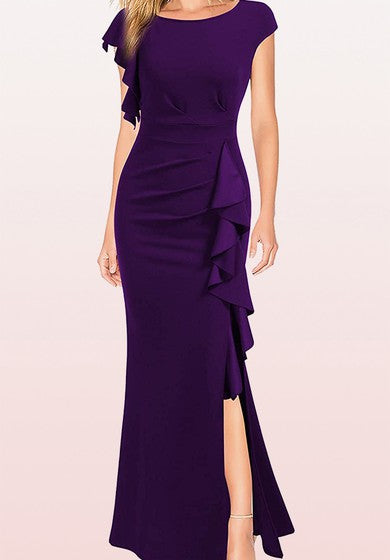 Sexy Jersey Sleeveless Bateau Sheath Guest Dress With Split Front and Ruffles