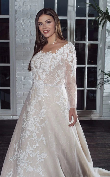 Long Sleeve Illusion Plus Size A-line Wedding Dress with Lace Applique Ms. Grace Long Sleeve Illusion Plus Size A-line Wedding Dress with Lace Applique Ms. Grace