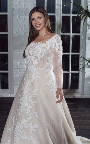 Long Sleeve Illusion Plus Size A-line Wedding Dress with Lace Applique