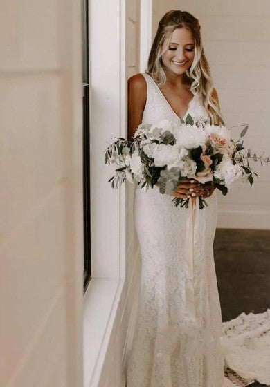 Ethereal Lace V-Neck Sleeveless Court Train Wedding Dress