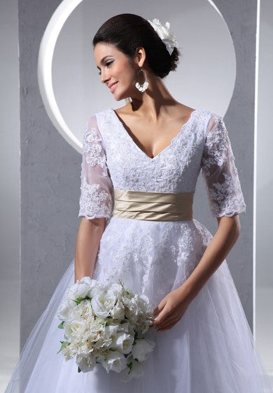 Half-Sleeve V-Neck Tea-Length Dress With Tulle Overlay