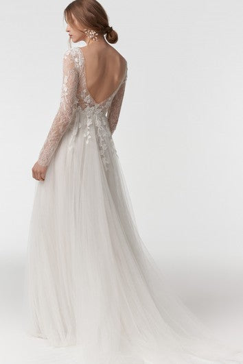 Ethereal V-neck Lace Tulle A Line Long Sleeve Floor-length Sweep Train Wedding Dress with Appliques