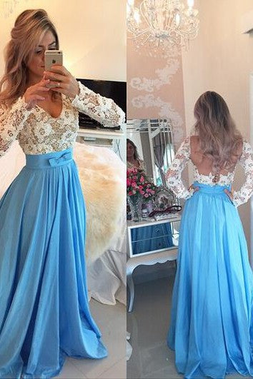 Modern Lace Chiffon Long Sleev Prom Dress Zipper Button Back