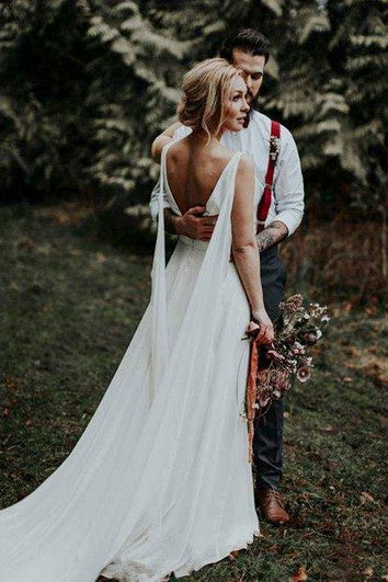 Elegantní Watteau Plunging V-krk Bohyně A-line Svatební Šaty s Katedrálním Vlakem