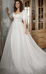 Adorable Plus Size A-line Short Bell Sleeve Tulle Wedding Dress with Beadings