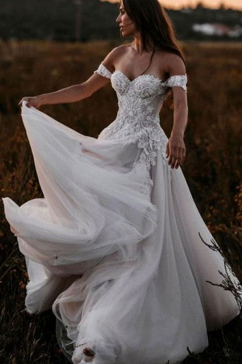 Bohemian A Line Tulle Off-the-shoulder Wedding Dress with Appliques