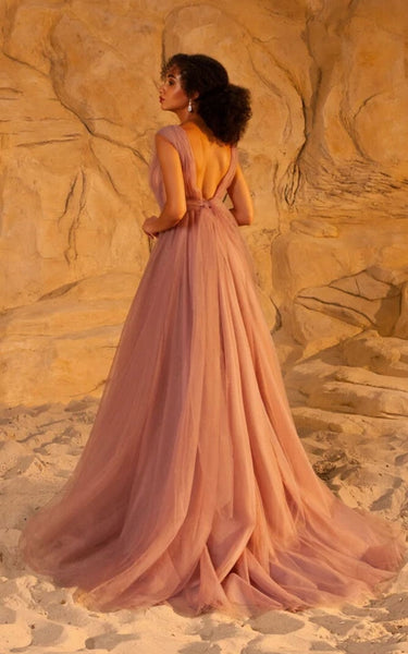 Plunged Chiffon Cap Empire Pleated A-line Prom Dress with Bow and Low-v Back