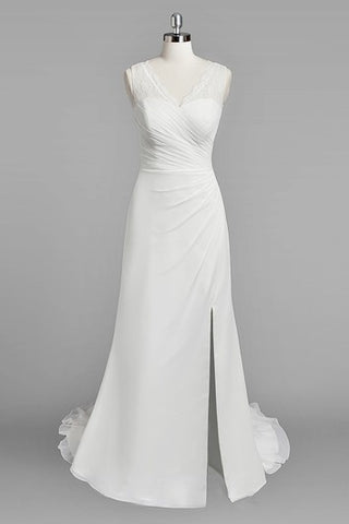 V-Neck Sleeveless Sheath Chiffon Wedding Dress With Ruching and Split Side